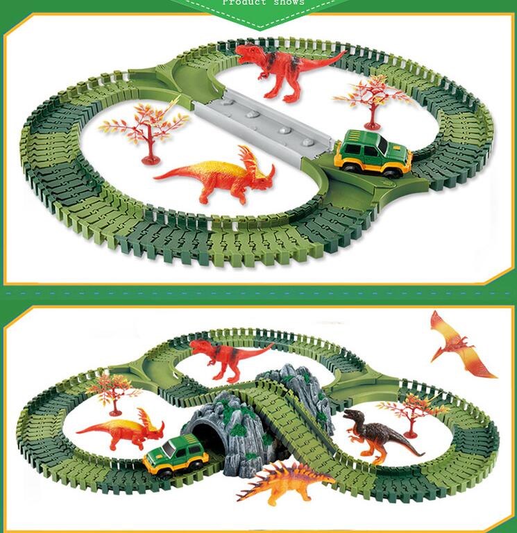 Dinosaur Toys Race Track Sets with 144 Pieces Flexible Tracks 3 Dinosaurs,1 Military Vehicles,1 Tree and 2 In 1 Tunnel for 2 3 4