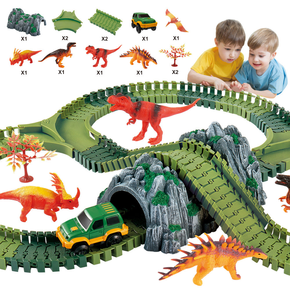 Dinosaur Toys Race Track Sets with 144 Pieces Flexible Tracks 3 Dinosaurs,1 Military Vehicles,1 Tree and 2 In 1 Tunnel for 2 3 4