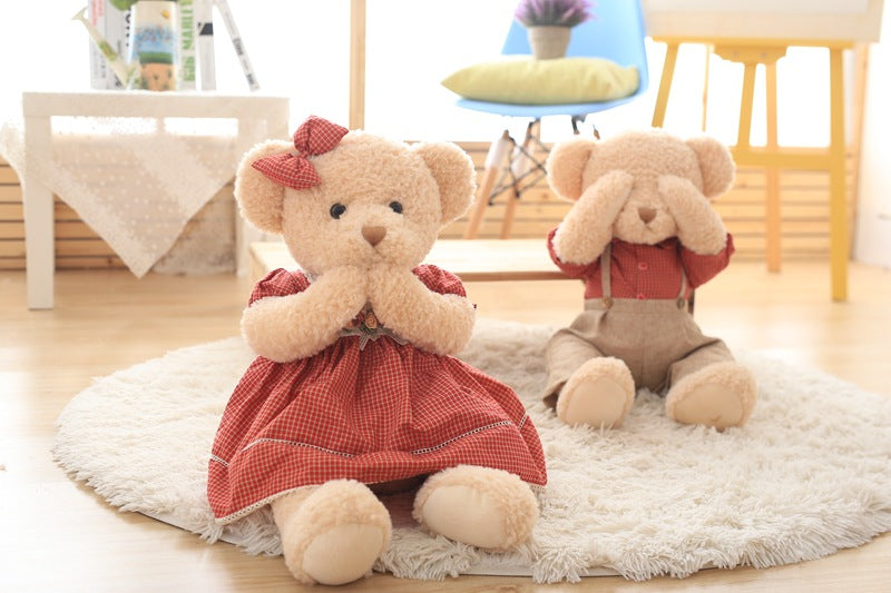 Hot 45cm 2pcs.Set Couple Teddy Bear Plush Toys Kawaii Stuffed Doll With Plaid Clothe Best Birthday Christmas Gift for Boy Girls