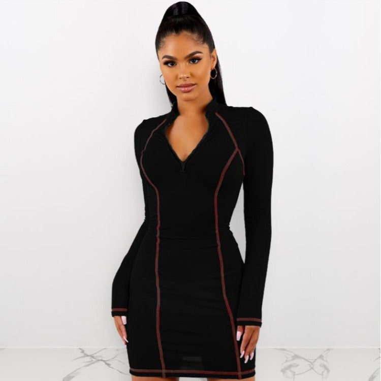 Tight stretch elastic collar zipper long sleeve dress