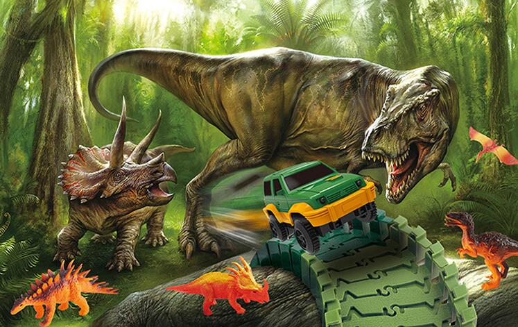 Dinosaur Toys Race Track Sets with 144 Pieces Flexible Tracks 3 Dinosaurs,1 Military Vehicles,1 Tree and 2 In 1 Tunnel for 2 3 4