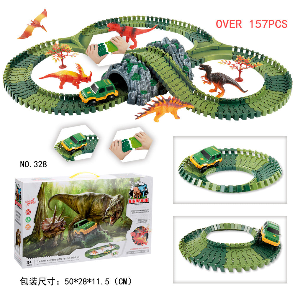 Dinosaur Toys Race Track Sets with 144 Pieces Flexible Tracks 3 Dinosaurs,1 Military Vehicles,1 Tree and 2 In 1 Tunnel for 2 3 4