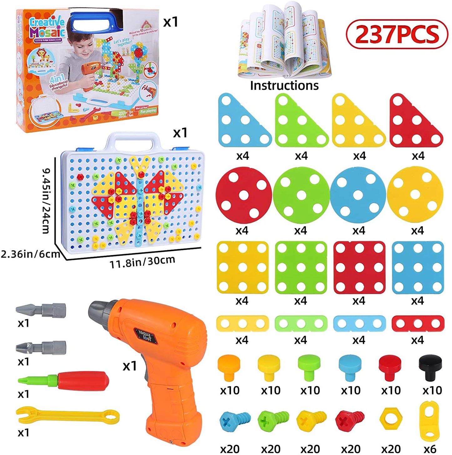 237 Pieces Creative Toy Drill Puzzle Set, STEM Learning Educational Toys, 3D Construction Engineering Building Blocks for Boys and Girls Ages 3 4 5 6 7 8 9 10 Year Old,Amazon Platform Banned