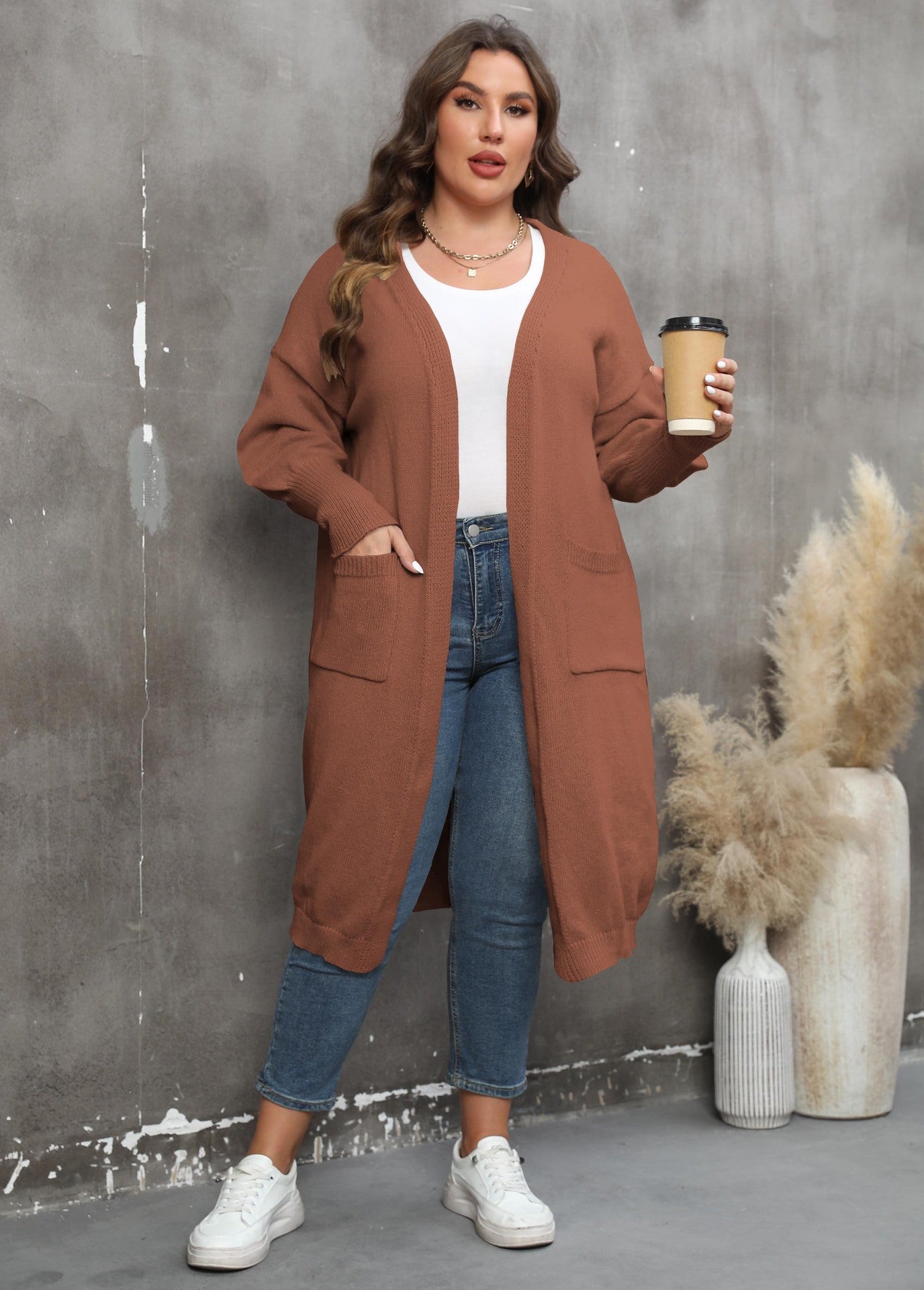 European And American Large Size Loose Mid-length Woven Sweater Double Pocket Lantern Sleeve Coat