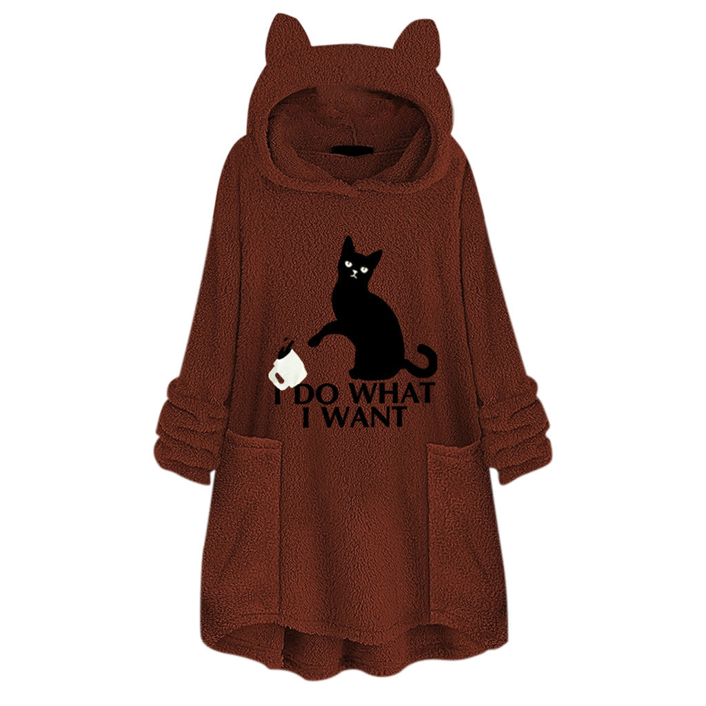 Hooded Pullover Cat Print Long Sleeved Reversible Velvet Sweater