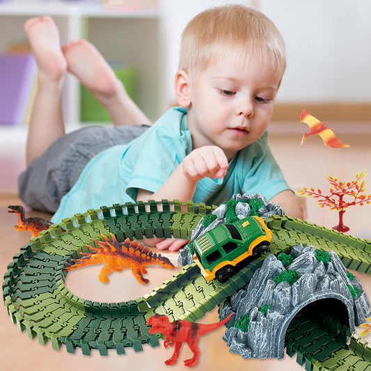 Dinosaur Toys Race Track Sets with 144 Pieces Flexible Tracks 3 Dinosaurs,1 Military Vehicles,1 Tree and 2 In 1 Tunnel for 2 3 4