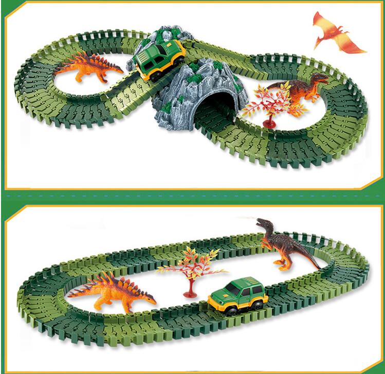 Dinosaur Toys Race Track Sets with 144 Pieces Flexible Tracks 3 Dinosaurs,1 Military Vehicles,1 Tree and 2 In 1 Tunnel for 2 3 4