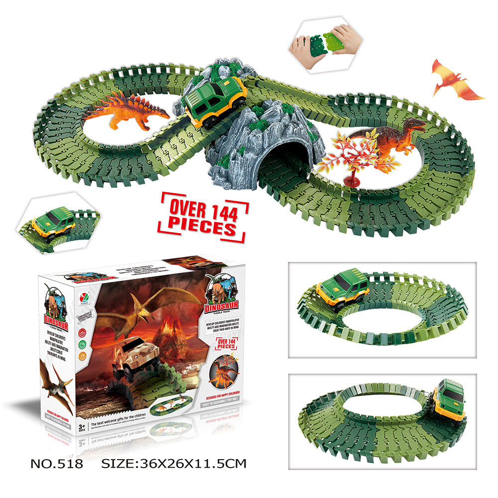 Dinosaur Toys Race Track Sets with 144 Pieces Flexible Tracks 3 Dinosaurs,1 Military Vehicles,1 Tree and 2 In 1 Tunnel for 2 3 4