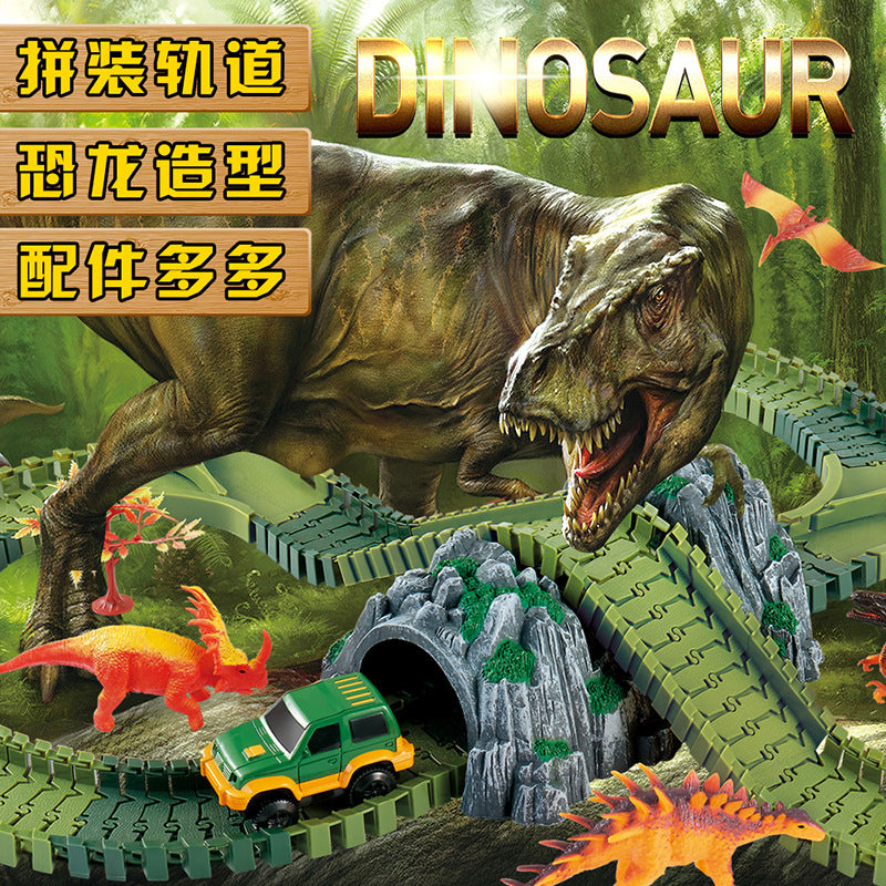 Dinosaur Toys Race Track Sets with 144 Pieces Flexible Tracks 3 Dinosaurs,1 Military Vehicles,1 Tree and 2 In 1 Tunnel for 2 3 4