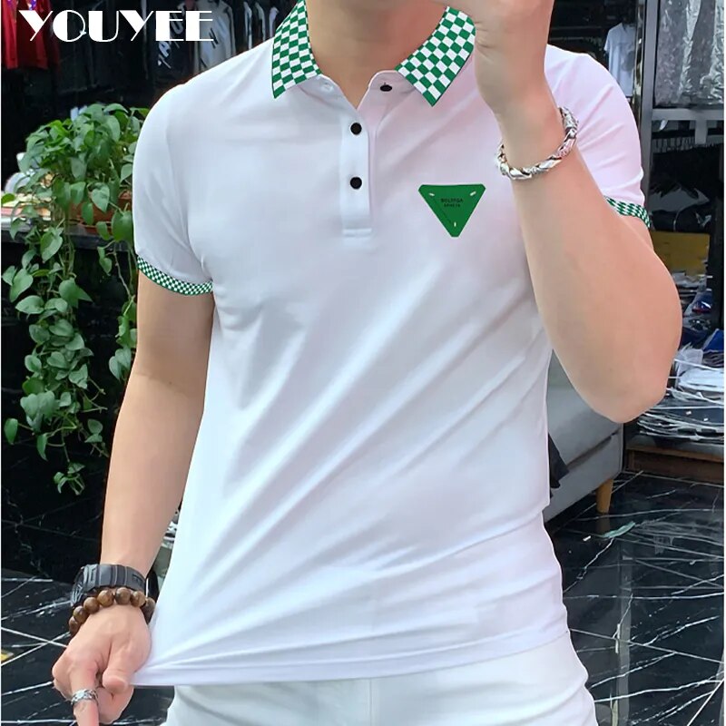 Summer New Men's Short Sleeved Polo Shirt Casual Versatile Plaid Pattern Lapel T-shirt Spot Slim MaleTop Breathable Clothing 4XL