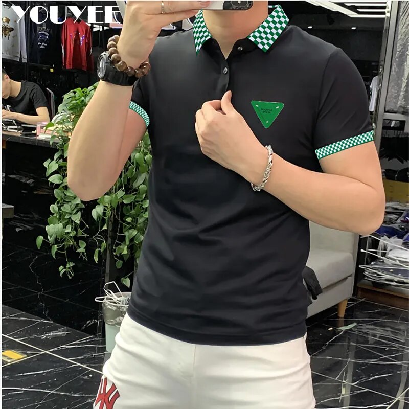 Summer New Men's Short Sleeved Polo Shirt Casual Versatile Plaid Pattern Lapel T-shirt Spot Slim MaleTop Breathable Clothing 4XL