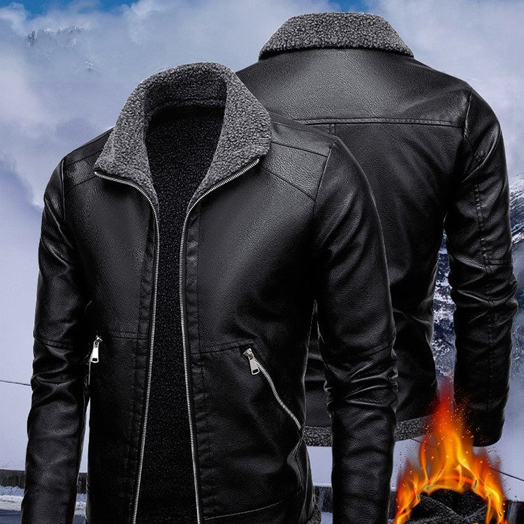 Fleece-lined Men's PU Motorcycle Jacket